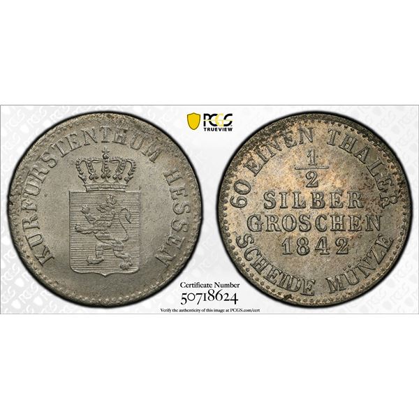 HESSE-CASSEL: Wilhelm II, 1821-1847, BI 1/2 groschen, 1842, PCGS MS64