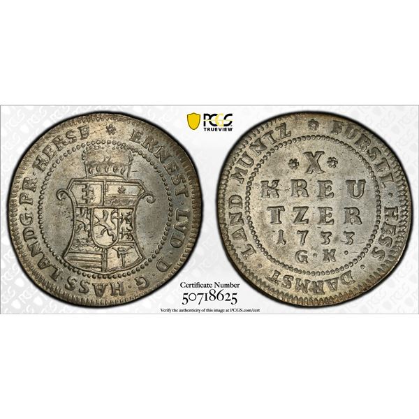 HESSE-DARMSTADT: Ernst Ludwig, 1678-1739, AR 10 kreuzer, 1733, PCGS MS63