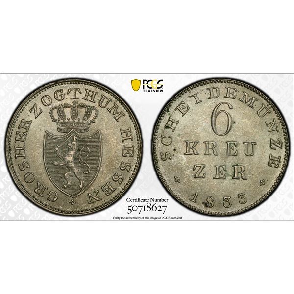 HESSE-DARMSTADT: Ludwig II, 1830-1848, BI 6 kreuzer, 1833, PCGS MS64