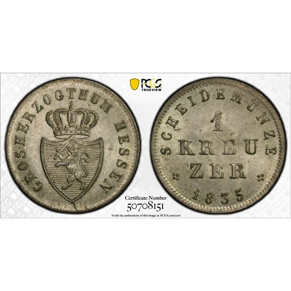HESSE-DARMSTADT: Ludwig II, 1830-1848, AR kreuzer, 1835, PCGS MS65