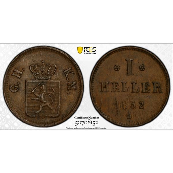 HESSE-DARMSTADT: Ludwig III, 1848-1877, AE heller, 1852, PCGS MS62 BN