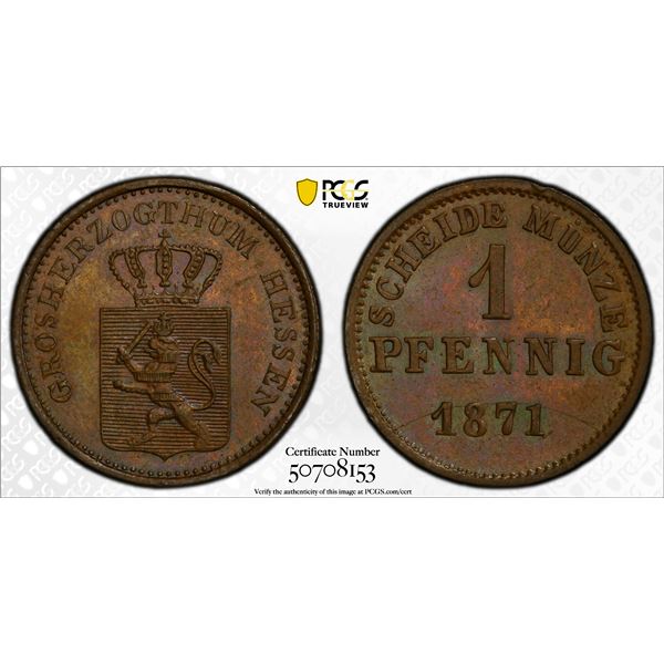 HESSE-DARMSTADT: Ludwig III, 1848-1877, AE pfennig, 1871, PCGS MS65 BN