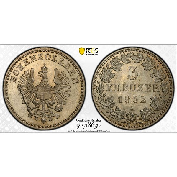 HOHENZOLLERN: Friedrich Wilhelm IV, 1840-1861, BI 3 kreuzer, 1852-A, PCGS MS66