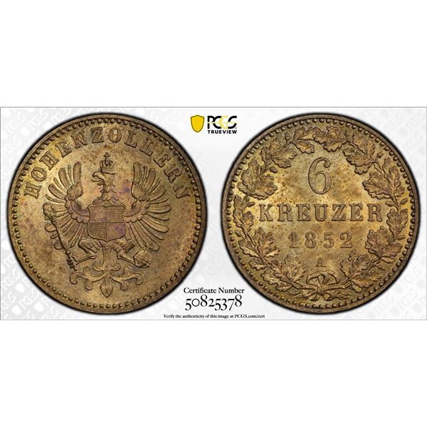 HOHENZOLLERN: Friedrich Wilhelm IV, 1840-1861, BI 6 kreuzer, 1852-A, PCGS MS64