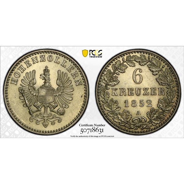 HOHENZOLLERN: Friedrich Wilhelm IV, 1840-1861, BI 6 kreuzer, 1852-A, PCGS MS63