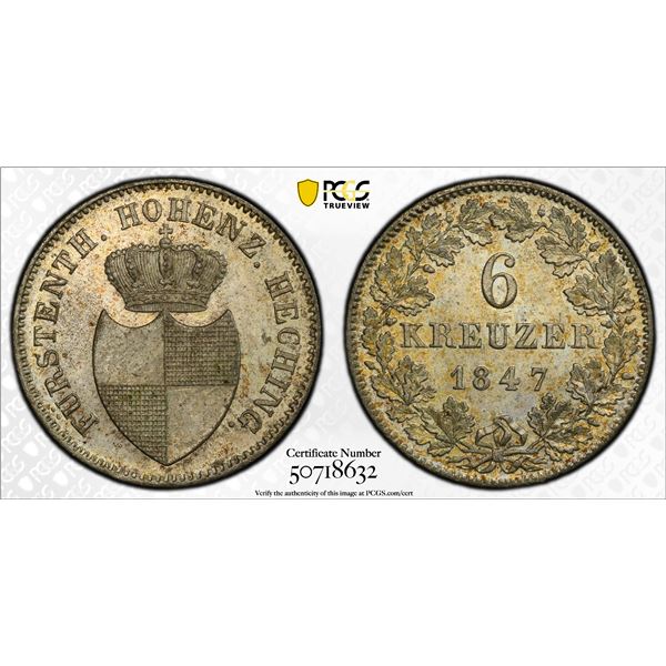 HOHENZOLLERN-HECHINGEN: Friedrich Wilhelm Konstantin, 1838-1849, BI 6 kreuzer, 1847, PCGS MS64