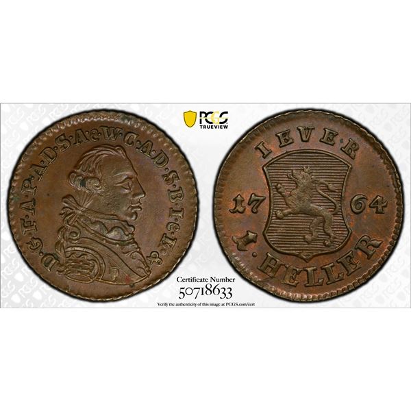 JEVER: Friedrich August Von Anhalt-Zerbst, 1747-1793, AE heller, 1764, PCGS MS64 BN