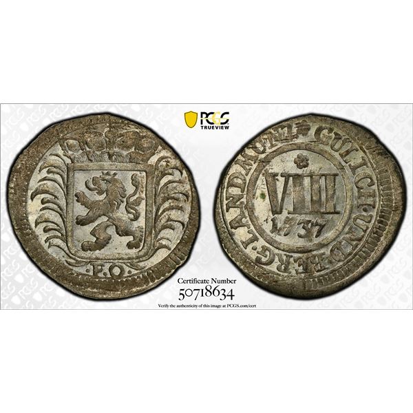 JÜLICH-BERG: Karl Philipp, 1716-1742, BI 8 heller, 1737, PCGS MS65