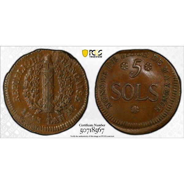 MAINZ: French Occupation, AE 5 sols, 1793 / L'An 2, PCGS MS61 BN