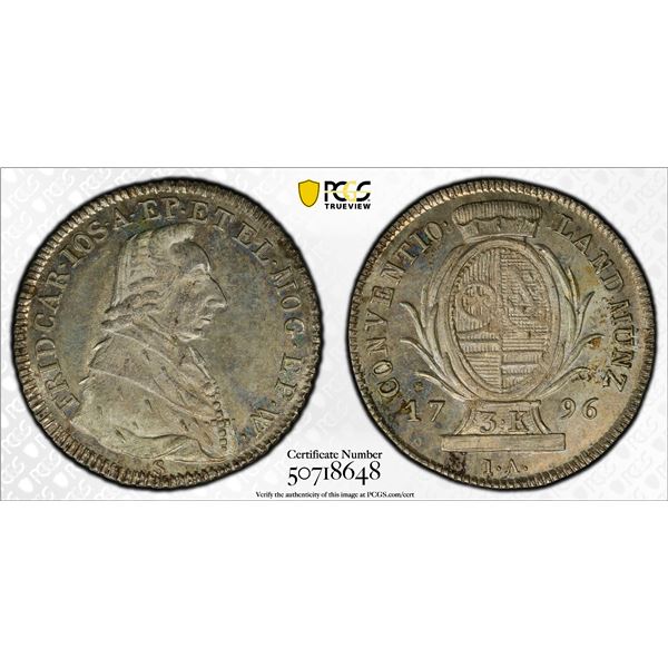 MAINZ: Friedrich Karl Joseph von Erthal, 1774-1802, AR 3 kreuzer, 1796-S, PCGS MS64