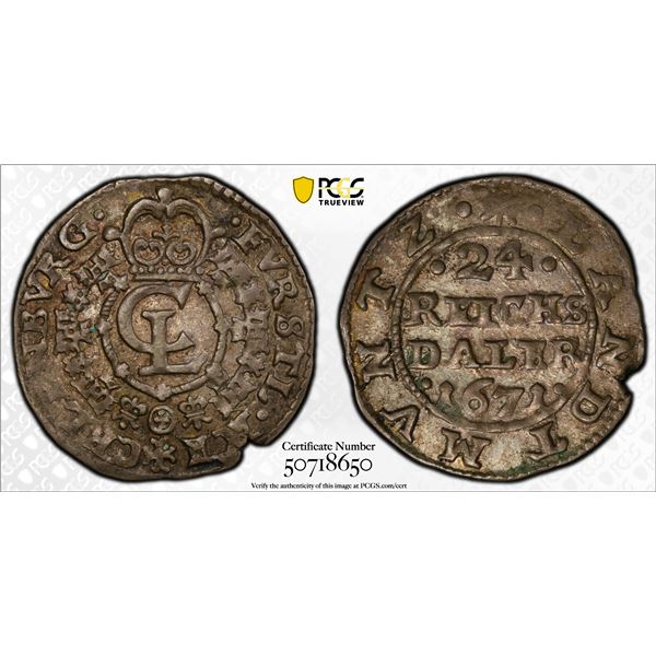 MECKLENBURG-SCHWERIN: Christian Ludwig I, 1658-1692, AR 1/24 thaler, 1671-(a), PCGS AU50