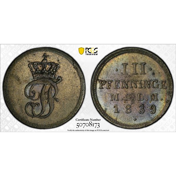 MECKLENBURG-SCHWERIN: Paul Friedrich, 1837-1842, AR 3 pfennig, 1839, PCGS MS62