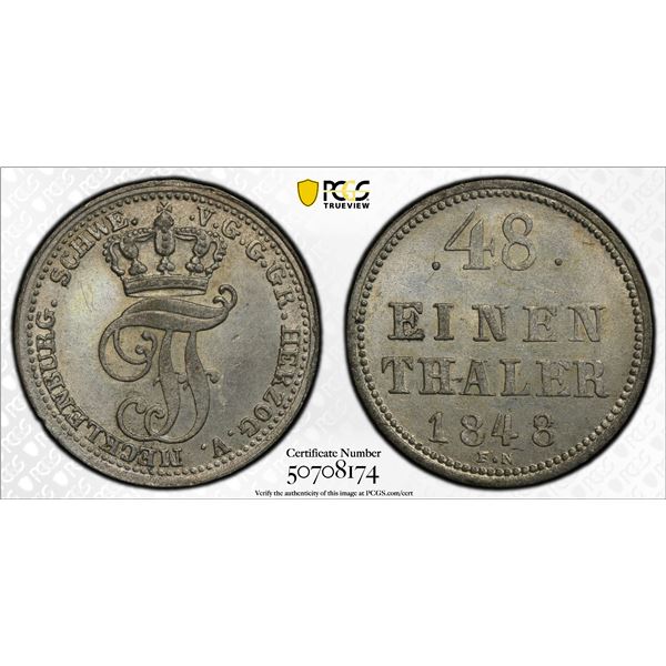 MECKLENBURG-SCHWERIN: Friedrich Franz II, 1842-1883, AR 1/48 thaler, 1848, PCGS MS62