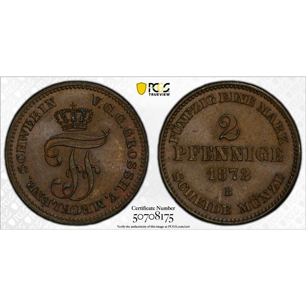 MECKLENBURG-SCHWERIN: Friedrich Franz II, 1842-1883, AE 2 pfennig, 1872, PCGS MS64 BN