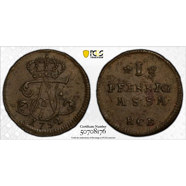 MECKLENBURG-STRELITZ: Adolf Friedrich III, 1708-1752, AE pfennig, 1752, PCGS MS62 BN