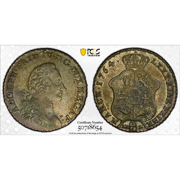 MECKLENBURG-STRELITZ: Adolf Friedrich IV, 1752-1794, AR 1/6 thaler, 1764, PCGS AU55