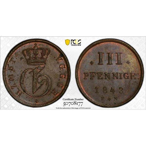 MECKLENBURG-STRELITZ: Georg, 1816-1860, AE 3 pfennig, 1843, PCGS MS63 BN