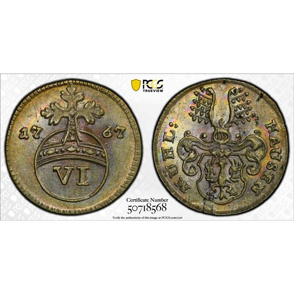 MÜHLHAUSEN: Free Imperial City, BI 6 pfennig, 1767, PCGS MS63