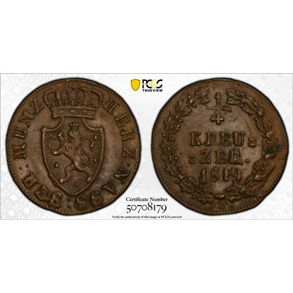 NASSAU: Wilhelm, 1816-1839, AE 1/4 kreuzer, 1819, PCGS MS62 BN