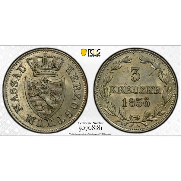 NASSAU: Wilhelm, 1816-1839, AR 3 kreuzer, 1836, PCGS MS65