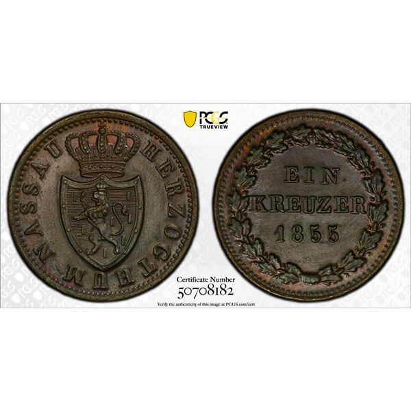 NASSAU: Adolf, 1839-1866, AE kreuzer, 1855, PCGS MS64 BN