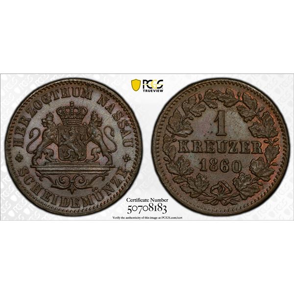 NASSAU: Adolf, 1839-1866, AE kreuzer, 1860, PCGS MS65 BN