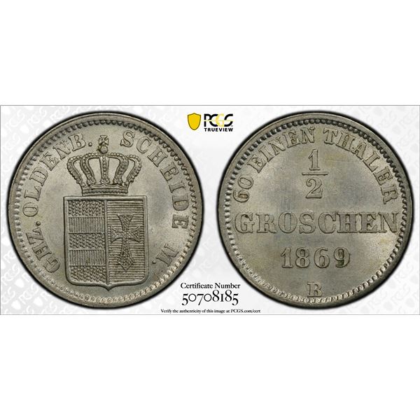 OLDENBURG: Peter II, 1853-1900, AR 1/2 groschen, 1869, PCGS MS64