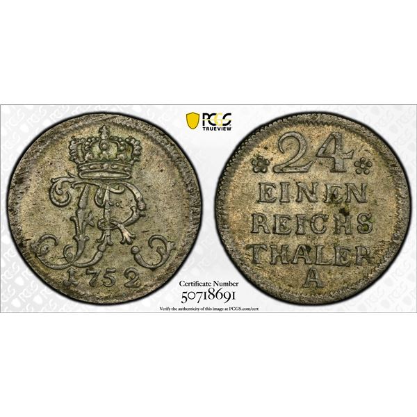 PRUSSIA: Friderich II (the Great), 1740-1786, BI 1/24 thaler, 1752-A, PCGS MS62
