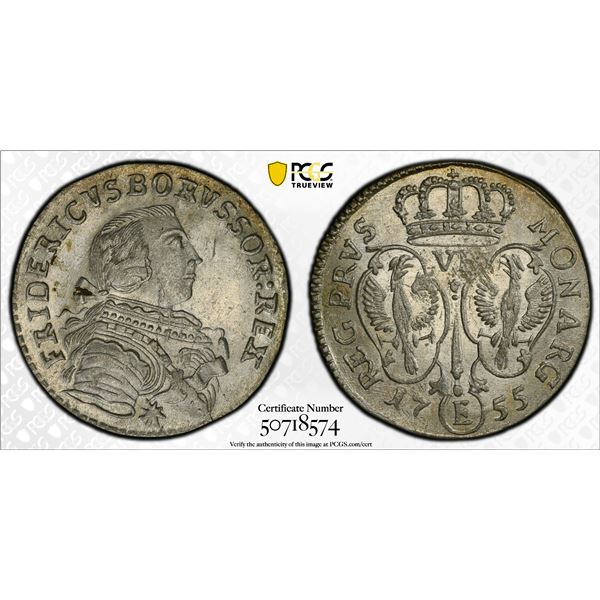 PRUSSIA: Friderich II (the Great), 1740-1786, BI 6 gröscher, Königsberg, 1755-E, PCGS MS63