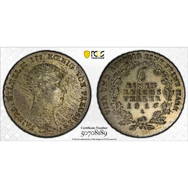 PRUSSIA: Friedrich Wilhelm III, 1797-1840, AR 1/6 thaler, 1816-A, PCGS MS63