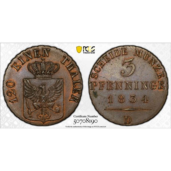 PRUSSIA: Friedrich Wilhelm III, 1797-1840, AE 3 pfennig, 1834-D, PCGS MS64 BN