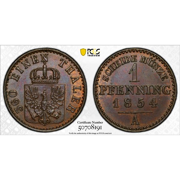 PRUSSIA: Friedrich Wilhelm IV, 1840-1861, AE pfennig, 1854-A, PCGS MS63 BN
