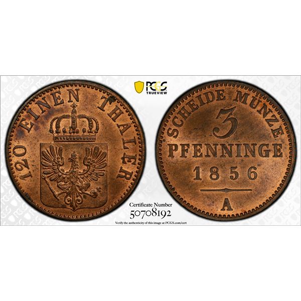 PRUSSIA: Friedrich Wilhelm IV, 1840-1861, AE 3 pfennig, 1856-A, PCGS MS65 RD