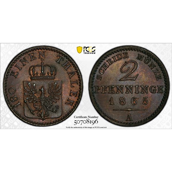 PRUSSIA: Wilhelm I, 1861-1888, AE 2 pfennig, 1865-A, PCGS MS64 BN