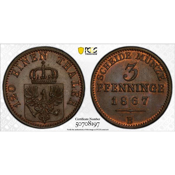 PRUSSIA: Wilhelm I, 1861-1888, AE 3 pfennig, 1867-B, PCGS MS65 BN