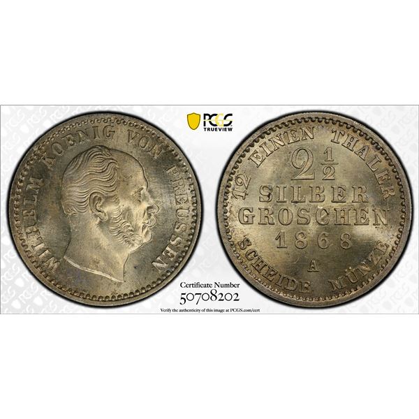 PRUSSIA: Wilhelm I, 1861-1888, AR 2½ groschen, 1868-A, PCGS MS65