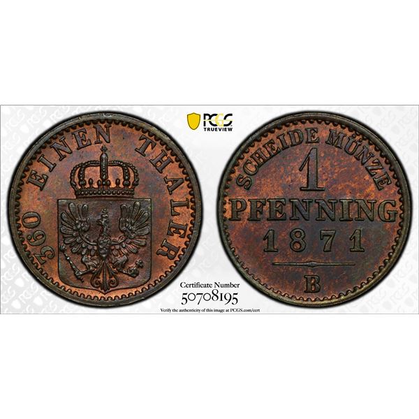 PRUSSIA: Wilhelm I, 1861-1888, AE pfennig, 1871-B, PCGS MS64 RB