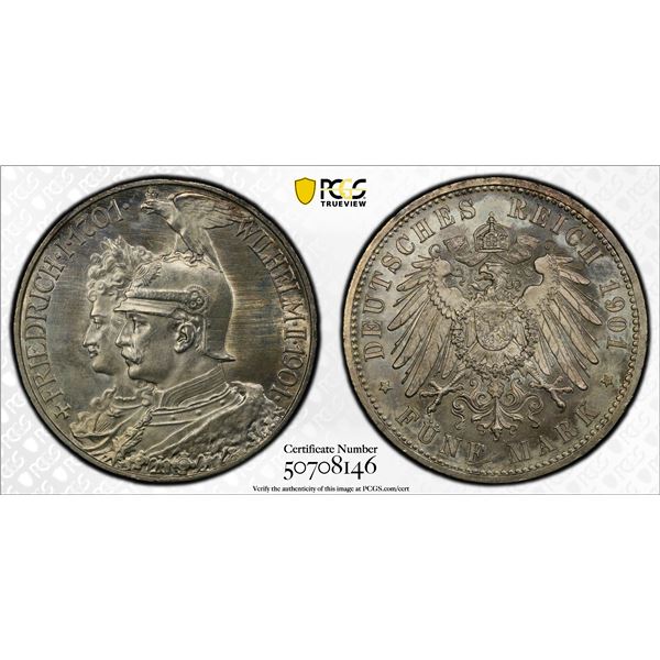 PRUSSIA: Wilhelm II, 1888-1918, AR 5 mark, 1901-A, PCGS UNC details