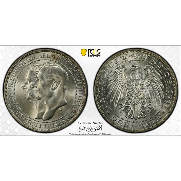 PRUSSIA: Wilhelm II, 1888-1918, AR 3 mark, 1911-A, PCGS MS64