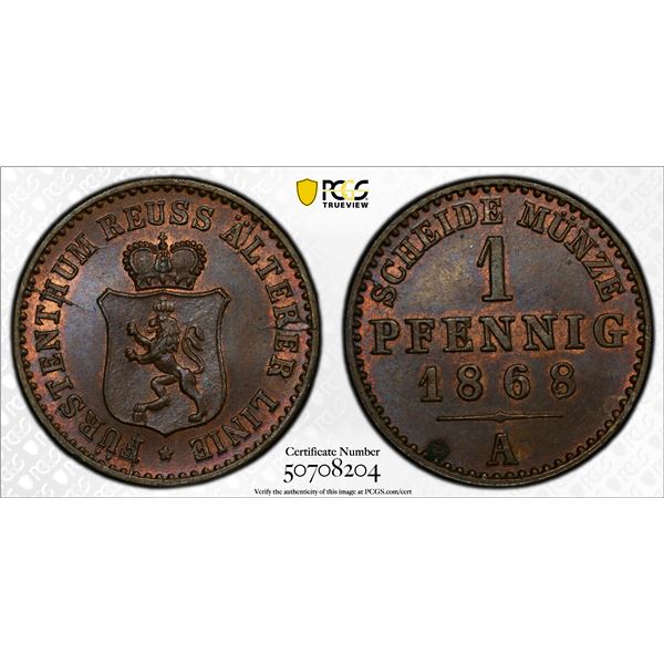 REUSS-GREIZ: Heinrich XXII, 1867-1902, AE pfennig, 1868-A, PCGS MS63 BN