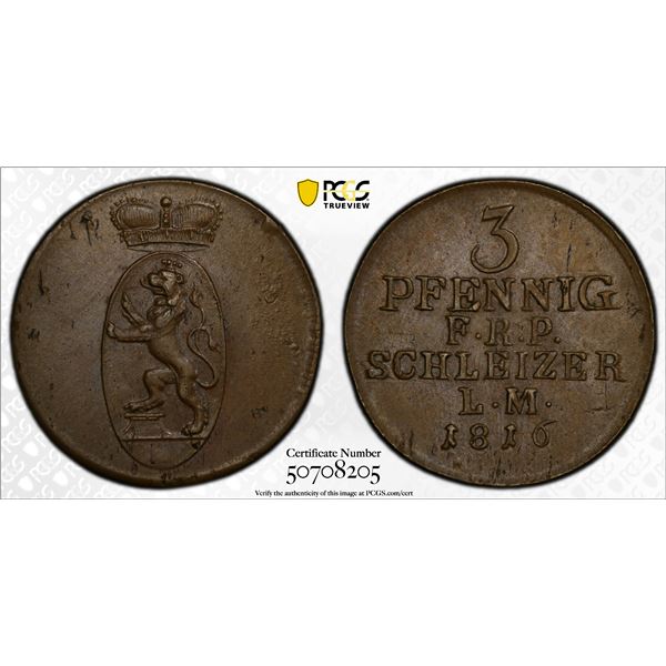 REUSS-SCHLEIZ: Heinrich XLII, 1806-1818, AE 3 pfennig, 1816, PCGS MS63 BN