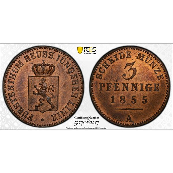 REUSS-SCHLEIZ: Heinrich LXVII, 1854-1867, AE 3 pfennig, 1855-A, PCGS MS65 RB