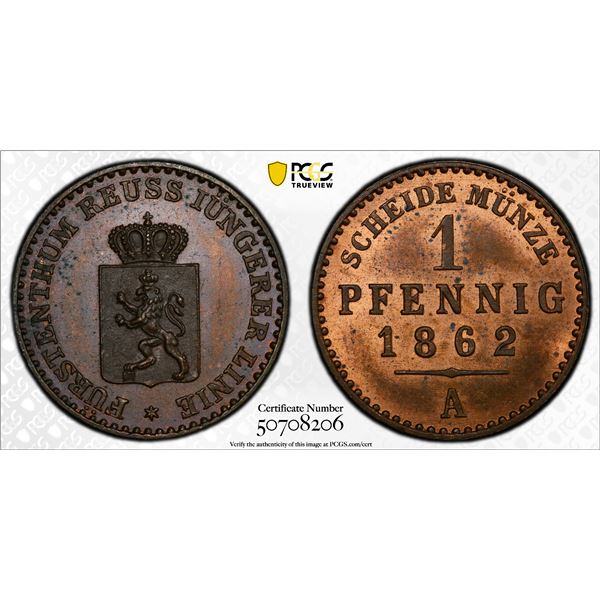 REUSS-SCHLEIZ: Heinrich LXVII, 1854-1867, AE pfennig, 1862-A, PCGS MS65 BN