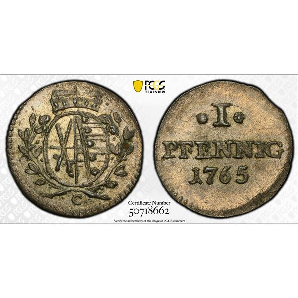SAXONY: Friedrich August III, 1763-1806, BI pfennig, 1765-C, PCGS MS63