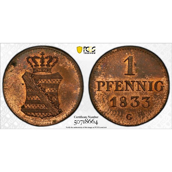 SAXONY: Anton I, 1827-1836, AE pfennig, 1833, PCGS MS64 RB