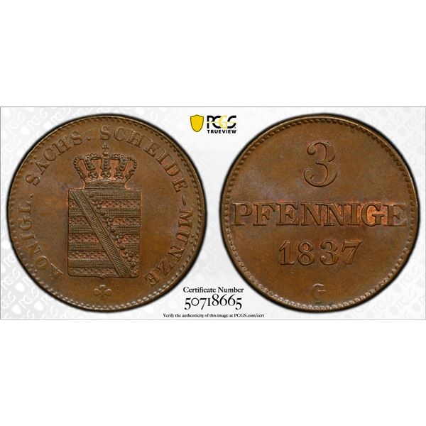 SAXONY: Friedrich August II, 1836-1854, AE 3 pfennig, 1837-G, PCGS MS64 BN