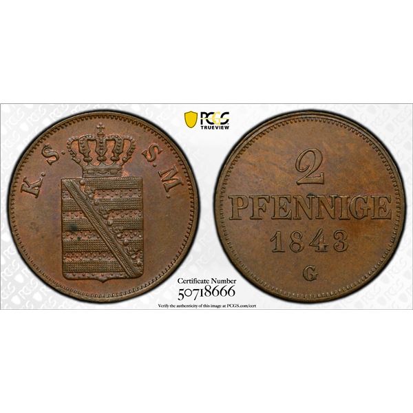 SAXONY: Friedrich August II, 1836-1854, AE 2 pfennig, 1843, PCGS MS64 BN