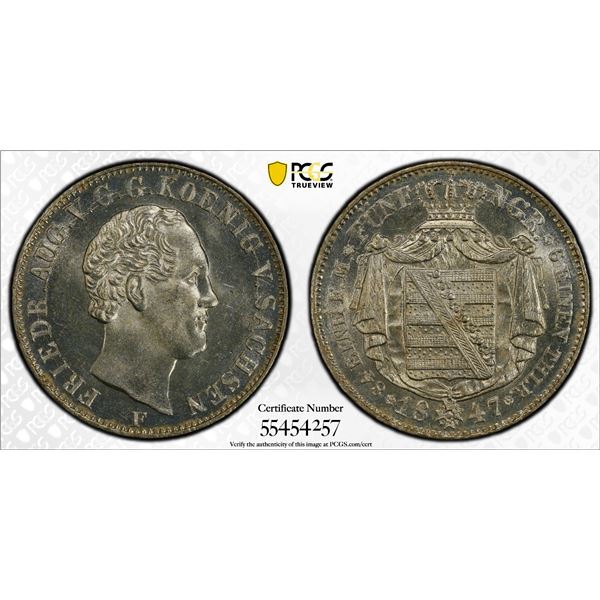 SAXONY: Friedrich August II, 1836-1854, AR 1/6 thaler, 1847, PCGS MS64