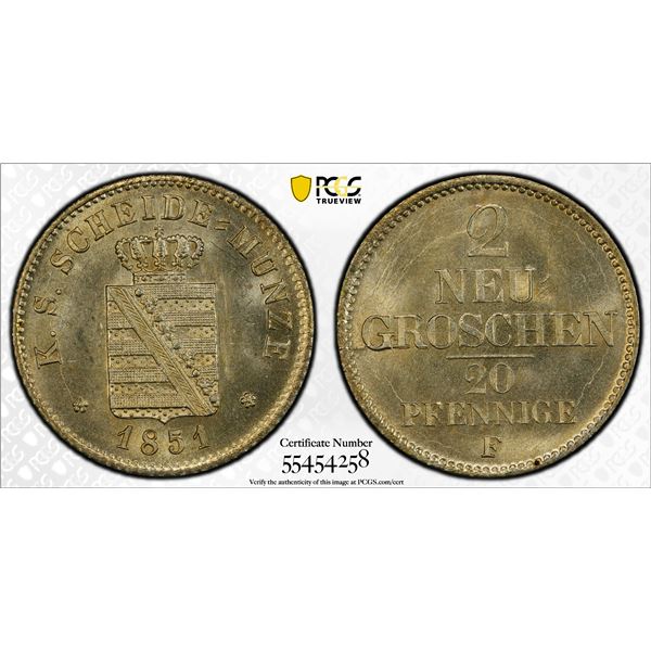 SAXONY: Friedrich August II, 1836-1854, AR 2 groschen, 1851, PCGS MS64
