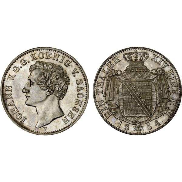 SAXONY: Johann, 1854-1873, AR thaler, 1854-F, AU